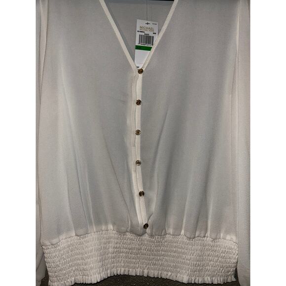 Michael Michael Kors Longsleeve Front Button Smocked Waist Cuffs V-neck Top - Picture 3 of 7